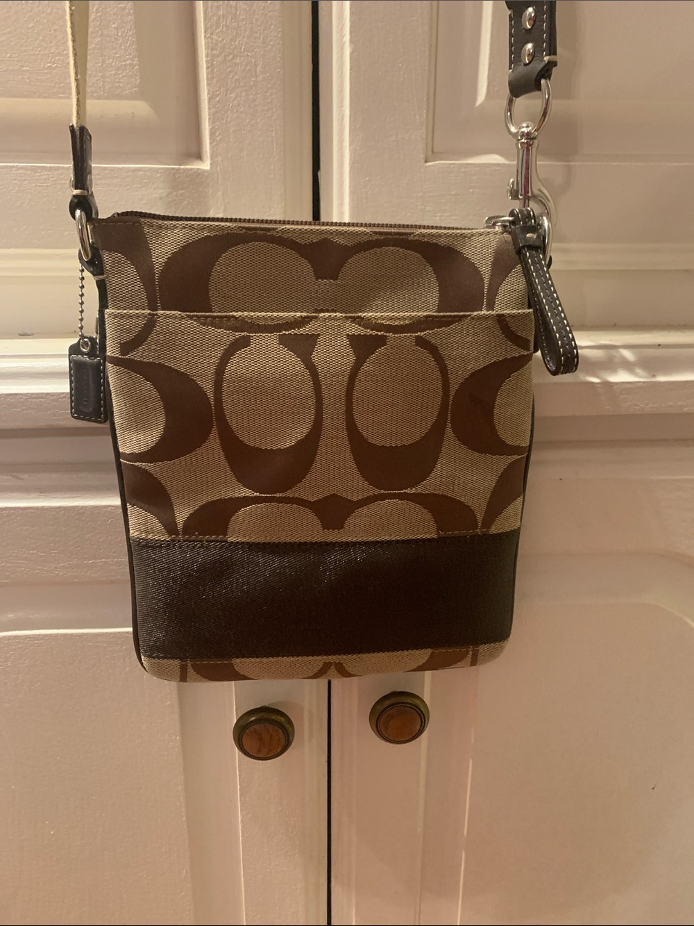 Coach Brown Signature Canvas Crossbody with Dark Brown Leather Trim